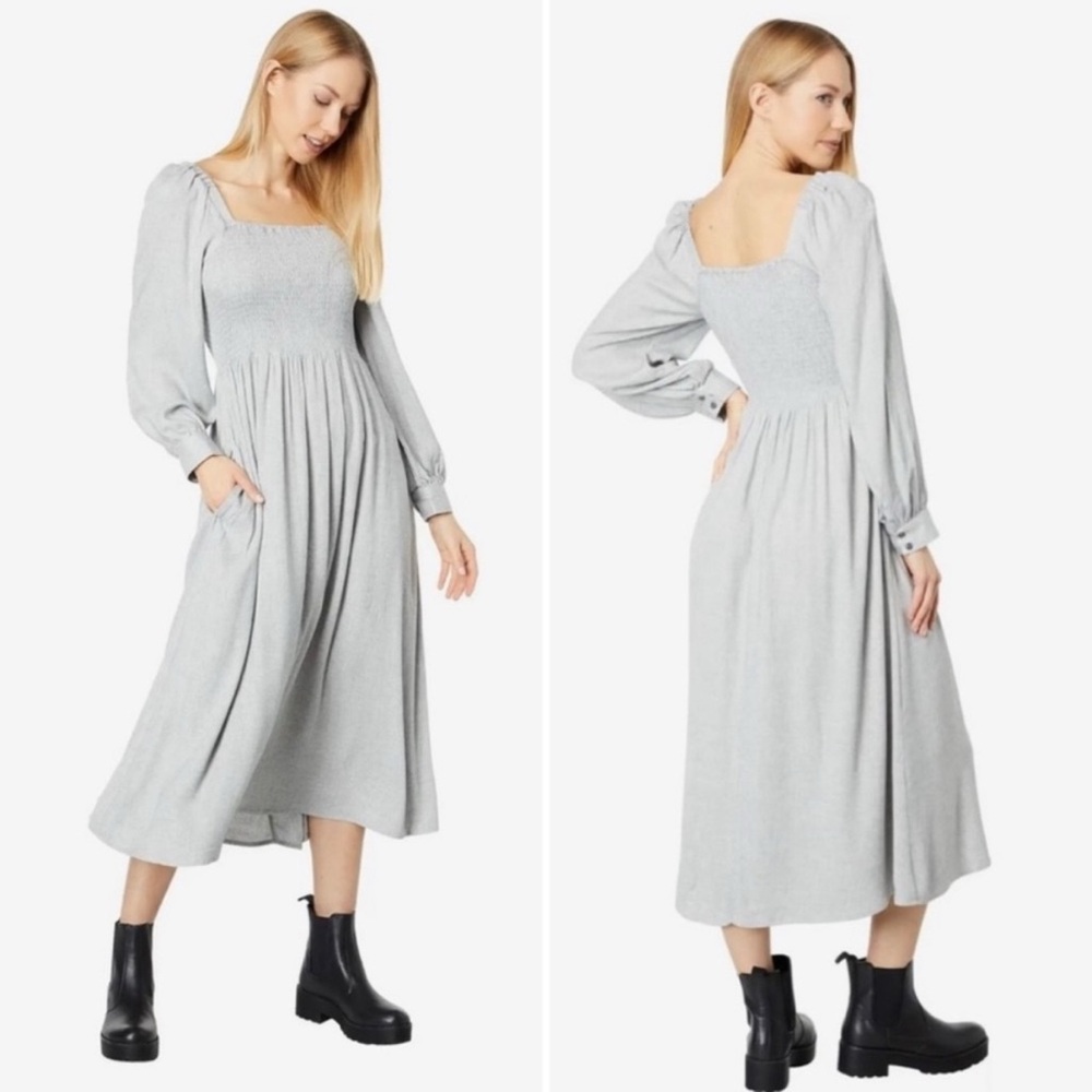 MADEWELL Lucie Long Sleeve Smocked Midi Gauze Dress Heather Grey. Sz L